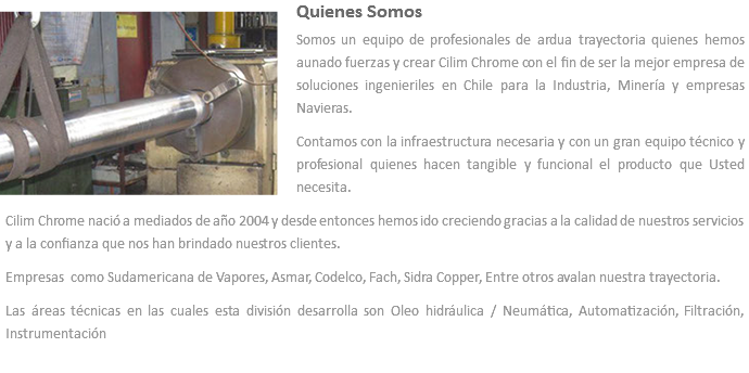 ﷯Quienes Somos
Somos un equipo de profesionales de ardua trayectoria quienes hemos aunado fuerzas y crear Cilim Chrome con el fin de ser la mejor empresa de soluciones ingenieriles en Chile para la Industria, Minería y empresas Navieras.
Contamos con la infraestructura necesaria y con un gran equipo técnico y profesional quienes hacen tangible y funcional el producto que Usted necesita.
Cilim Chrome nació a mediados de año 2004 y desde entonces hemos ido creciendo gracias a la calidad de nuestros servicios y a la confianza que nos han brindado nuestros clientes.
Empresas como Sudamericana de Vapores, Asmar, Codelco, Fach, Sidra Copper, Entre otros avalan nuestra trayectoria.
Las áreas técnicas en las cuales esta división desarrolla son Oleo hidráulica / Neumática, Automatización, Filtración, Instrumentación
